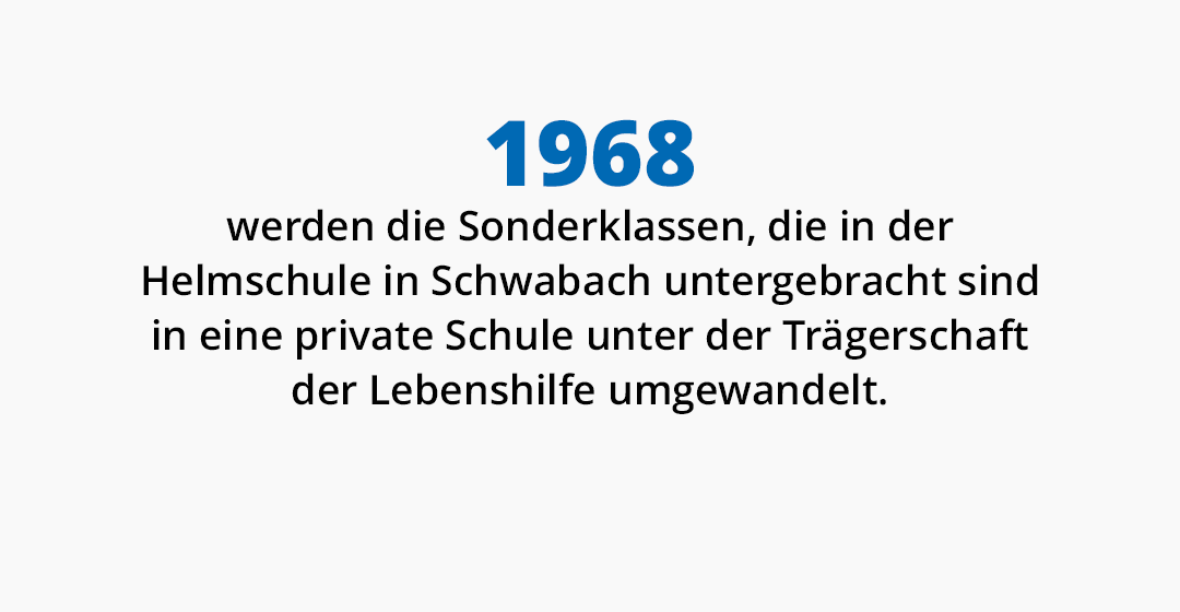 1968 werden die Sonderklassen, die in der Helmschule in Schwabach untergebracht sind in eine private Schule unter der Trägerschaft der Lebenshilfe umgewandelt